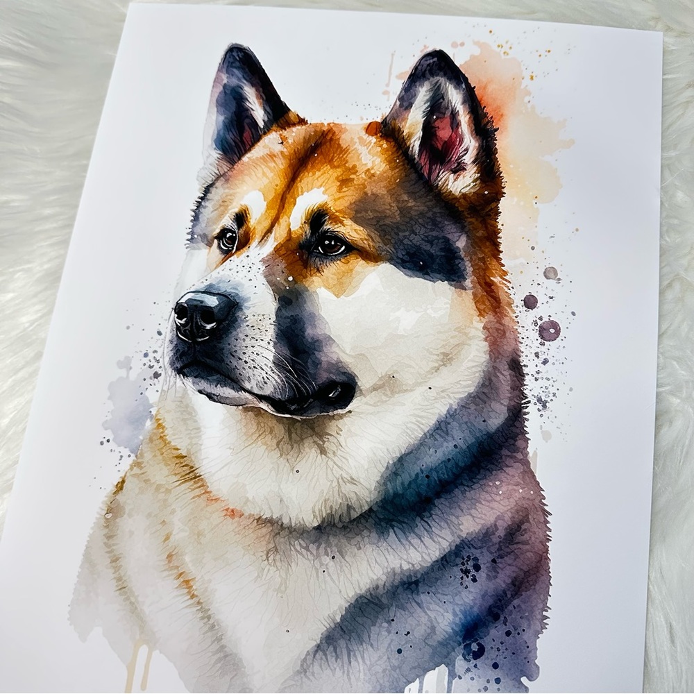 Watercolor American Akita Dogs Portrait Wall Art Illustration Print Unframed - Picture 4 of 8